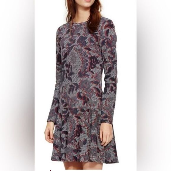 Tory Burch Dresses & Skirts - Tory Burch Long-Sleeve Floral Fit-and-Flare Dress in Burgundy and Gray, S